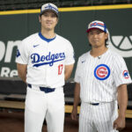 Shota Imanaga #18 of the Chicago Cubs and Shohei Ohtani #17 of the Los Angeles Dodgers