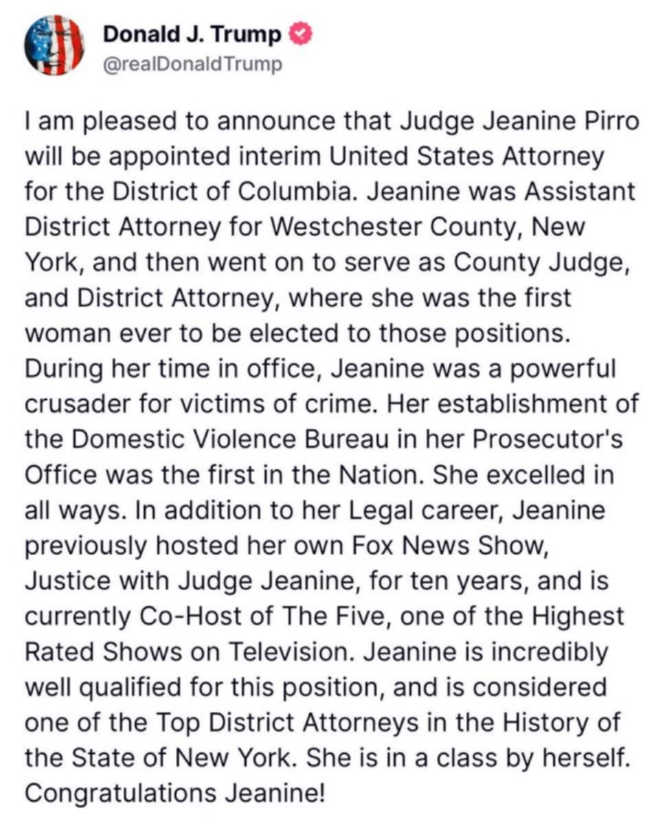 Trump Names Judge Jeanine: Fox Star becomes acting U.S. Attorney for D.C., igniting a new chapter in MAGA justice and ending lawfare.