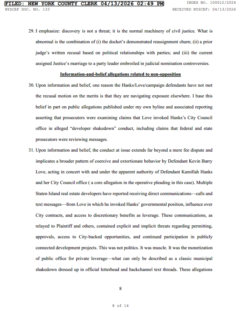 Hanks Developer Shakedown Bombshell: Court filing alleges contractor shakedown, federal scrutiny, and political cover-up in NYC battle.