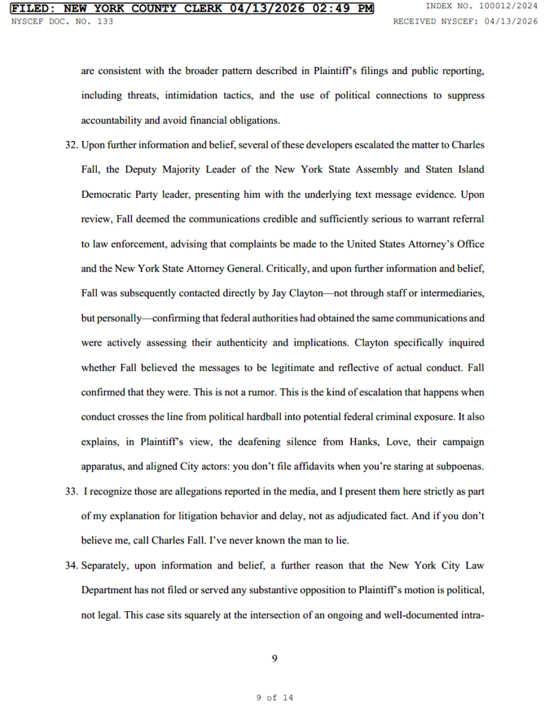 Hanks Developer Shakedown Bombshell: Court filing alleges contractor shakedown, federal scrutiny, and political cover-up in NYC battle.