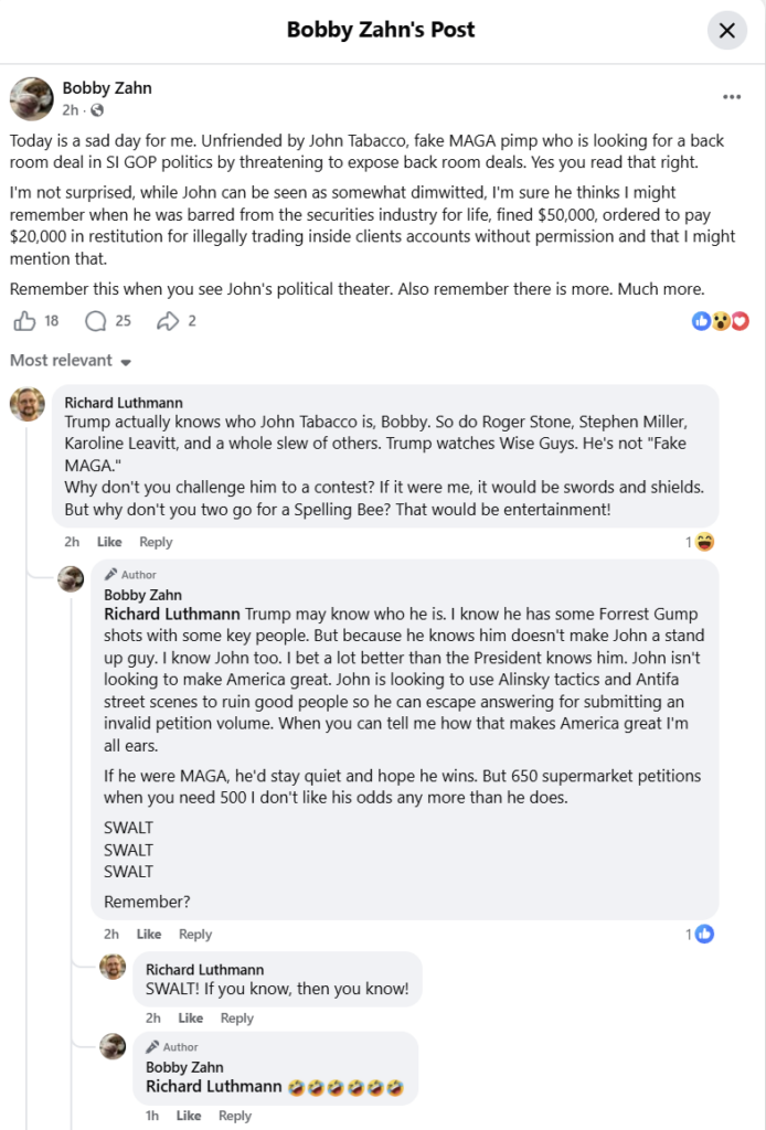 Staten Island Spelling Bee: Tabacco vs Reilly turns Staten Island GOP primary into petition war, feud, and satire defined by one word: SWALT.